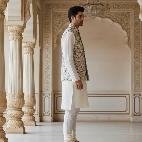Pastel_Premium_Pattern_Poly_Silk_Nehru_Jacket_Kurta_Pajama_Set_For_Men