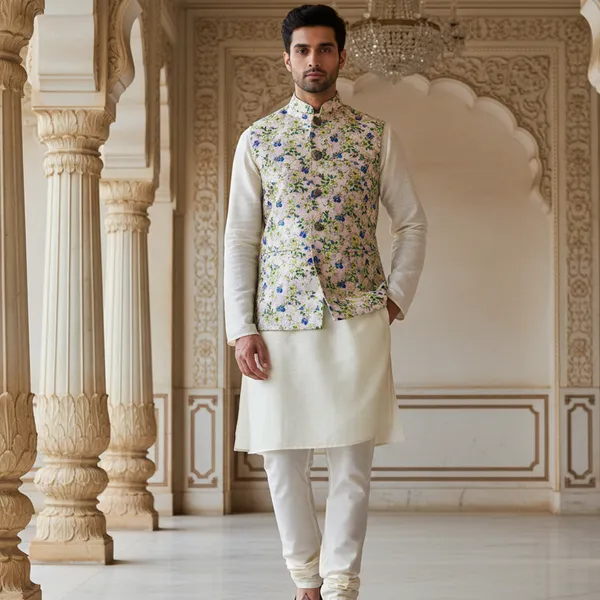 Pastel_Premium_Pattern_Poly_Silk_Nehru_Jacket_Kurta_Pajama_Set_For_Men