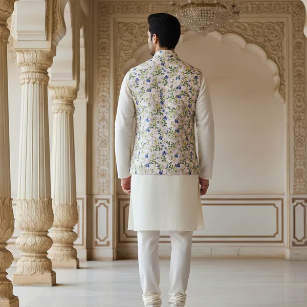 Pastel_Premium_Pattern_Poly_Silk_Nehru_Jacket_Kurta_Pajama_Set_For_Men