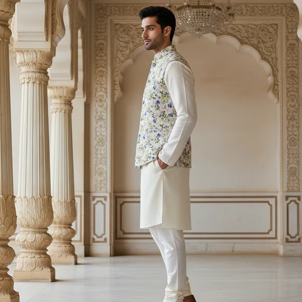 Pastel_Premium_Pattern_Poly_Silk_Nehru_Jacket_Kurta_Pajama_Set_For_Men