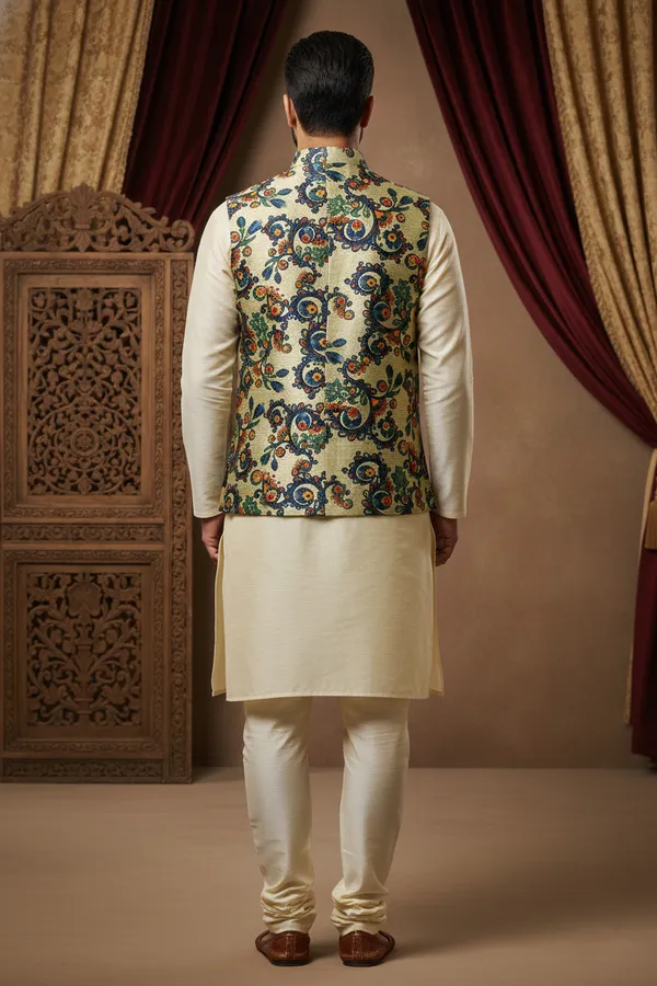 Sage_Green_Premium_Pattern_Silk_Blend_Nehru_Jacket_Kurta_Pajama_Set_For_Men