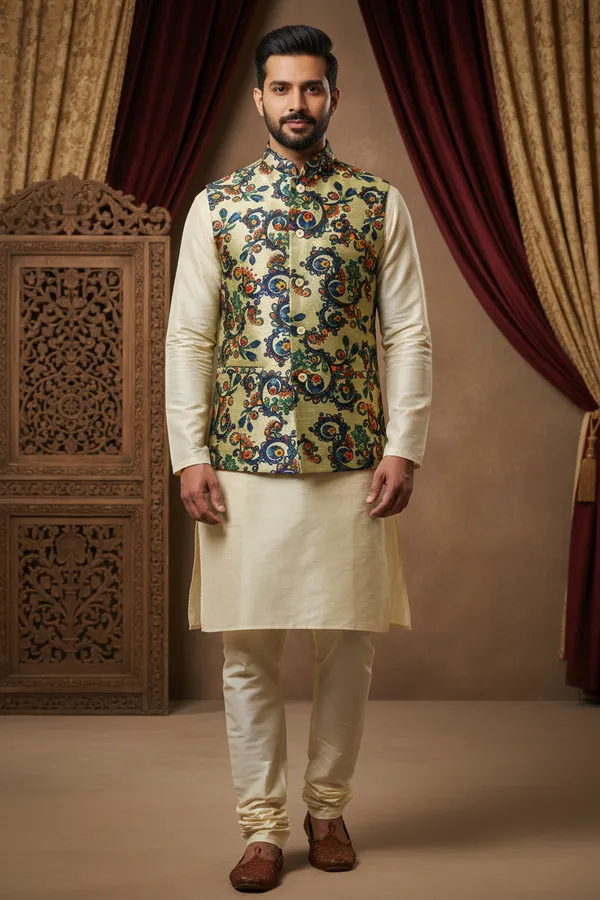 Sage_Green_Premium_Pattern_Silk_Blend_Nehru_Jacket_Kurta_Pajama_Set_For_Men