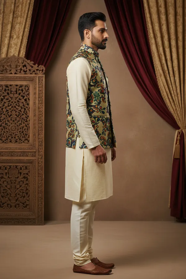 Sage_Green_Premium_Pattern_Silk_Blend_Nehru_Jacket_Kurta_Pajama_Set_For_Men