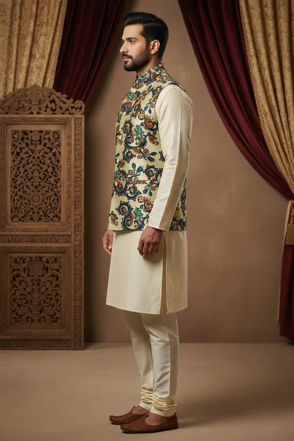 Sage_Green_Premium_Pattern_Silk_Blend_Nehru_Jacket_Kurta_Pajama_Set_For_Men