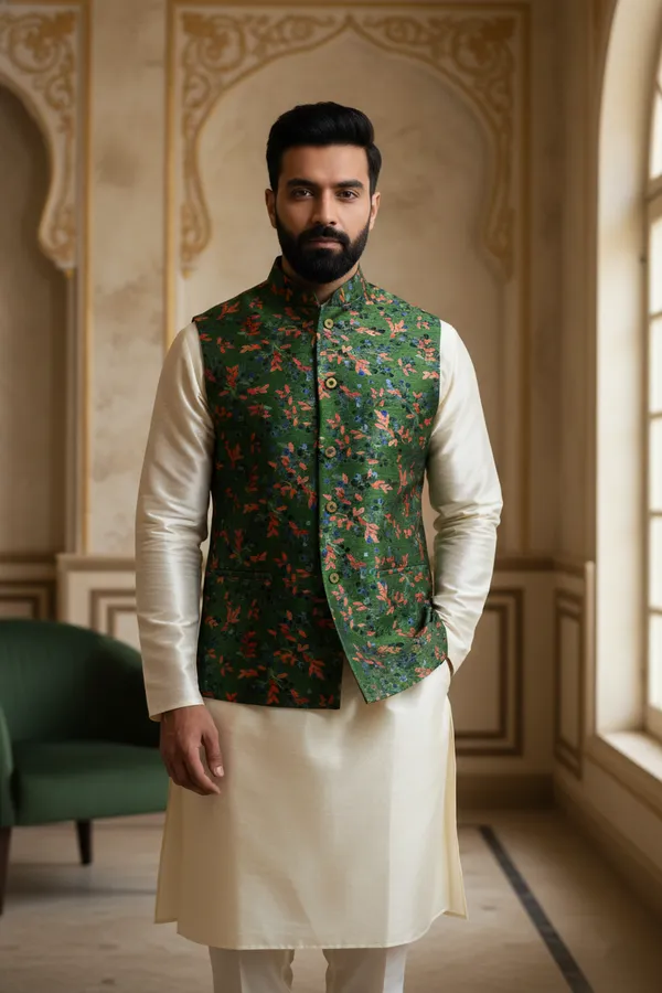 Emerald_Premium_Pattern_Poly_Silk_Nehru_Jacket_Kurta_Pajama_Set_For_Men