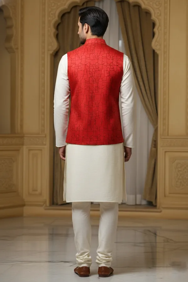 Red_And_Black_Premium_Pattern_Poly_Silk_Nehru_Jacket_Kurta_Pajama_Set_For_Men