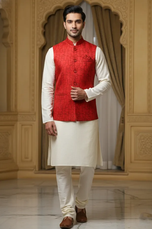 Red_And_Black_Premium_Pattern_Poly_Silk_Nehru_Jacket_Kurta_Pajama_Set_For_Men