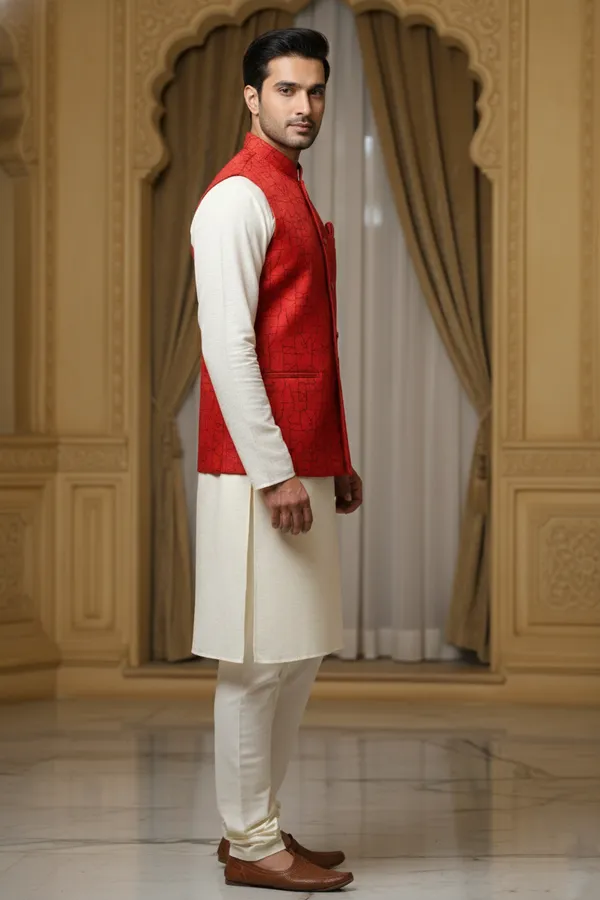 Red_And_Black_Premium_Pattern_Poly_Silk_Nehru_Jacket_Kurta_Pajama_Set_For_Men