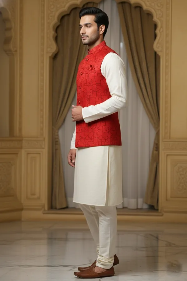 Red_And_Black_Premium_Pattern_Poly_Silk_Nehru_Jacket_Kurta_Pajama_Set_For_Men