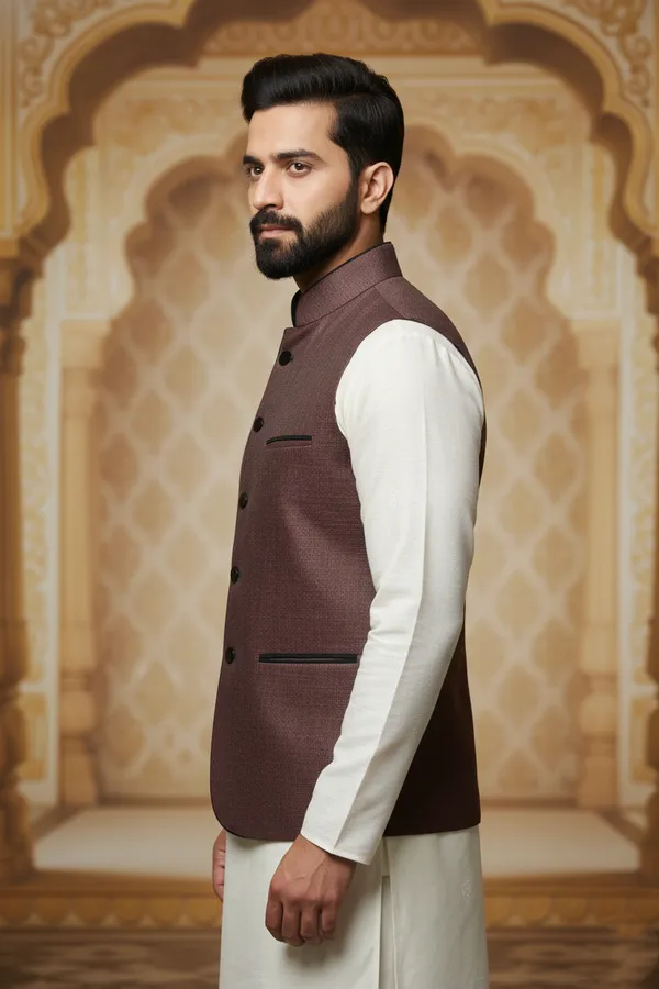 Wine_Red_Premium_Pattern_Poly_Silk_Nehru_Jacket_Kurta_Pajama_Set_For_Men