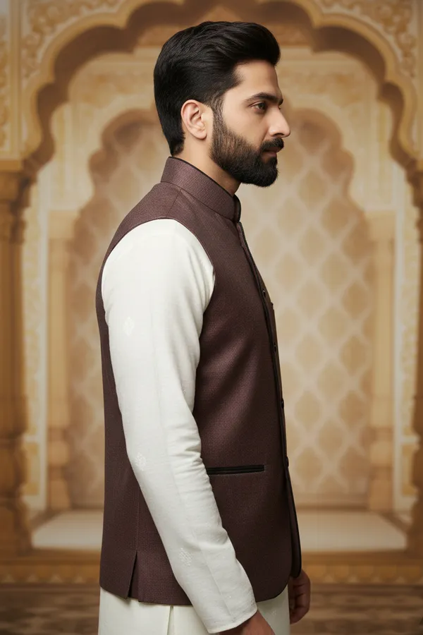 Wine_Red_Premium_Pattern_Poly_Silk_Nehru_Jacket_Kurta_Pajama_Set_For_Men
