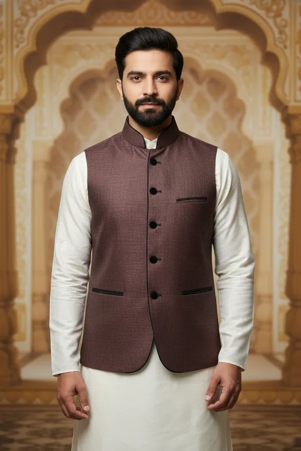 Wine_Red_Premium_Pattern_Poly_Silk_Nehru_Jacket_Kurta_Pajama_Set_For_Men