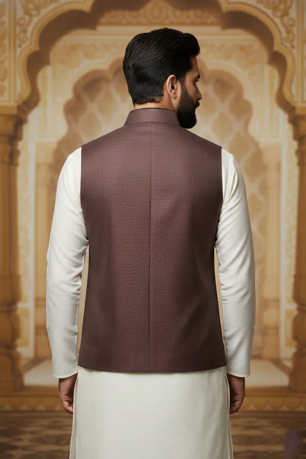 Wine_Red_Premium_Pattern_Poly_Silk_Nehru_Jacket_Kurta_Pajama_Set_For_Men