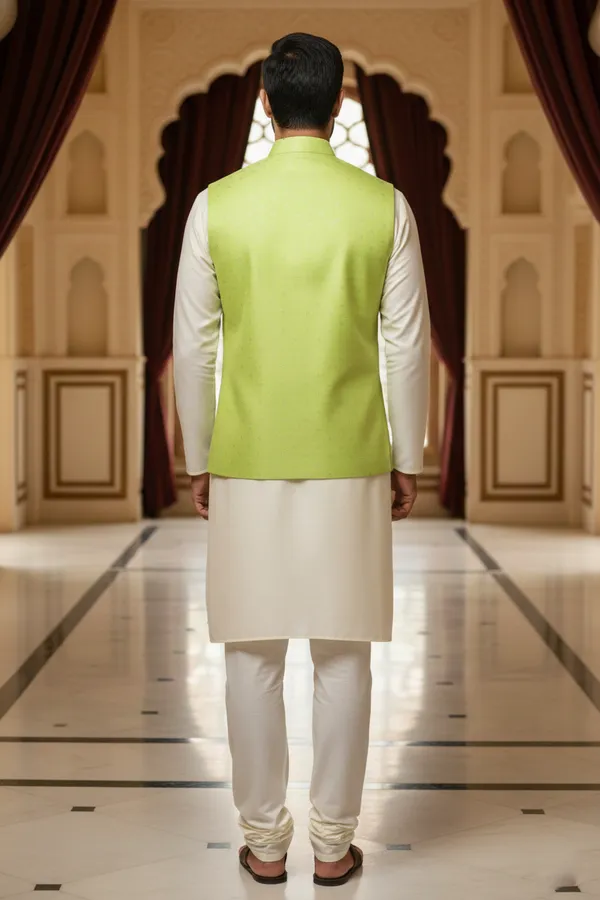 Pistagreen_Premium_Pattern_Poly_Silk_Nehru_Jacket_Kurta_Pajama_Set_For_Men