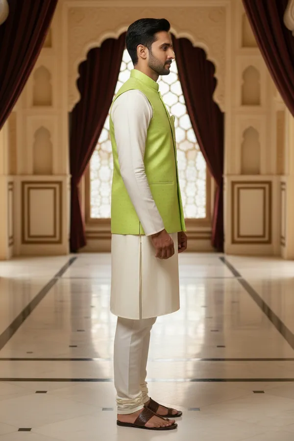 Pistagreen_Premium_Pattern_Poly_Silk_Nehru_Jacket_Kurta_Pajama_Set_For_Men