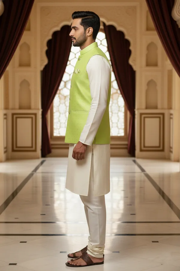 Pistagreen_Premium_Pattern_Poly_Silk_Nehru_Jacket_Kurta_Pajama_Set_For_Men