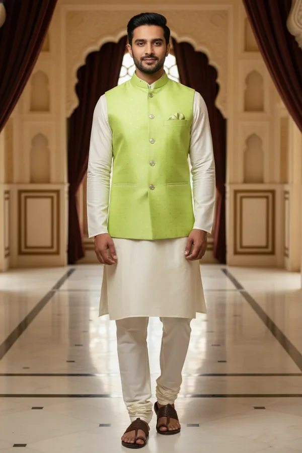 Pistagreen_Premium_Pattern_Poly_Silk_Nehru_Jacket_Kurta_Pajama_Set_For_Men