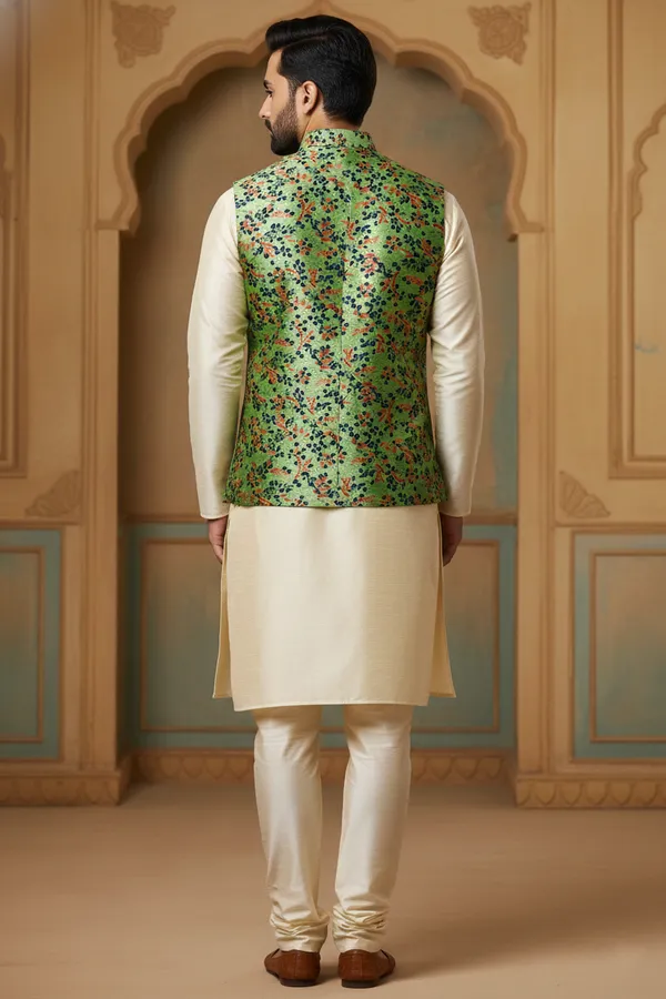 Emerald_Green_Premium_Pattern_Silk_Blend_Nehru_Jacket_Kurta_Pajama_Set_For_Men