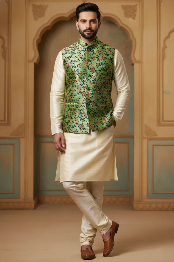 Emerald_Green_Premium_Pattern_Silk_Blend_Nehru_Jacket_Kurta_Pajama_Set_For_Men