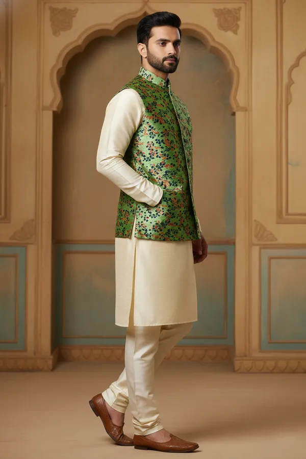 Emerald_Green_Premium_Pattern_Silk_Blend_Nehru_Jacket_Kurta_Pajama_Set_For_Men
