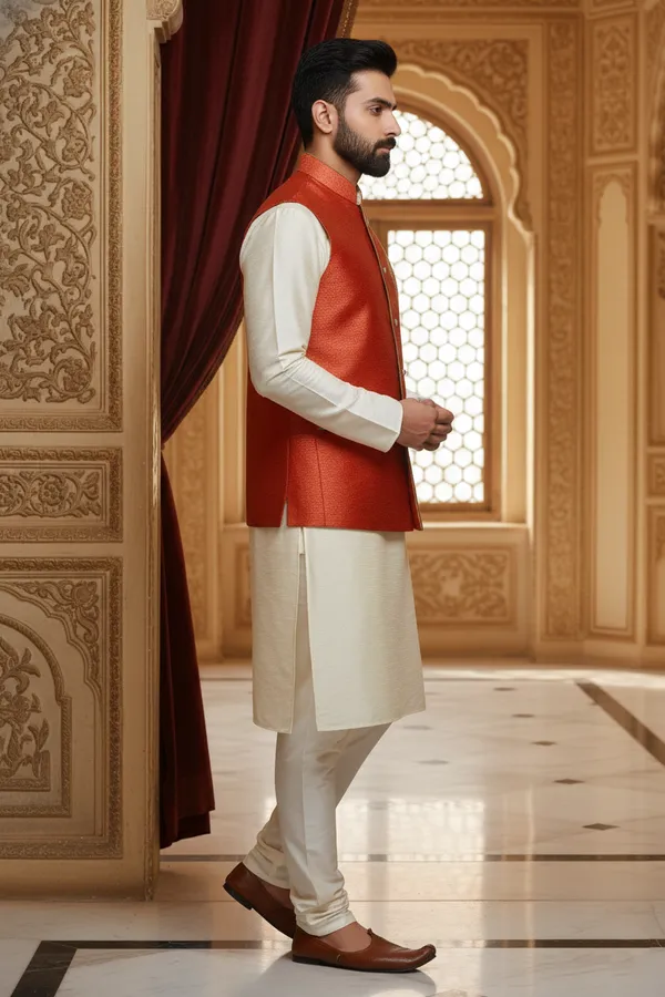 Bright_Orange_Premium_Pattern_Velvet_Nehru_Jacket_Kurta_Pajama_Set_For_Men