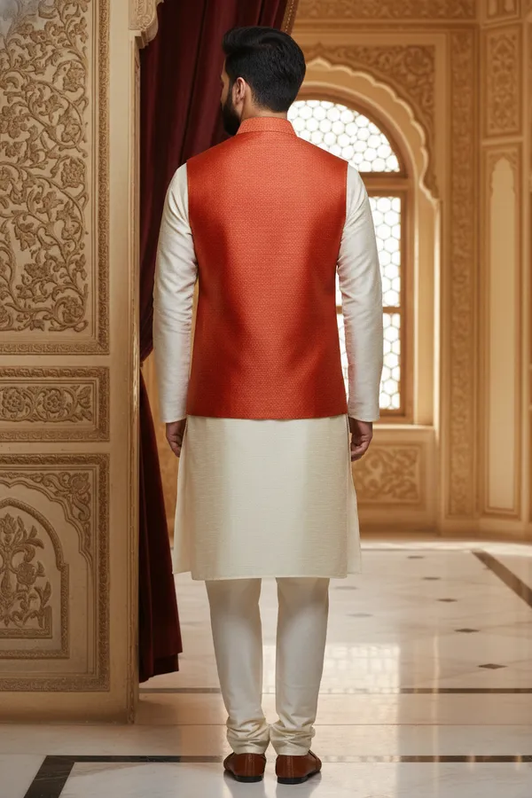Bright_Orange_Premium_Pattern_Velvet_Nehru_Jacket_Kurta_Pajama_Set_For_Men