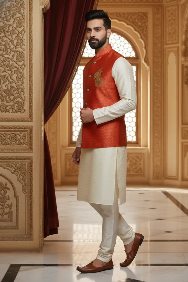 Bright_Orange_Premium_Pattern_Velvet_Nehru_Jacket_Kurta_Pajama_Set_For_Men