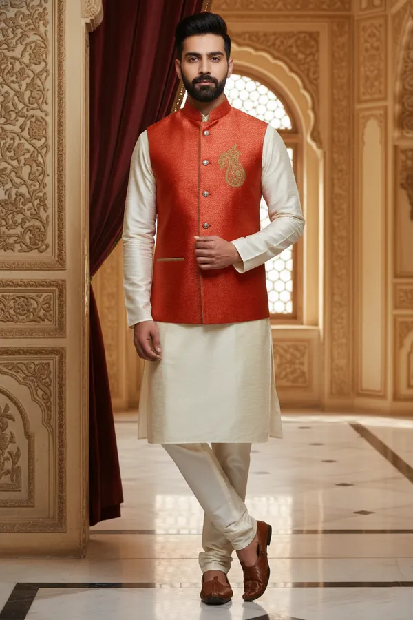 Bright_Orange_Premium_Pattern_Velvet_Nehru_Jacket_Kurta_Pajama_Set_For_Men