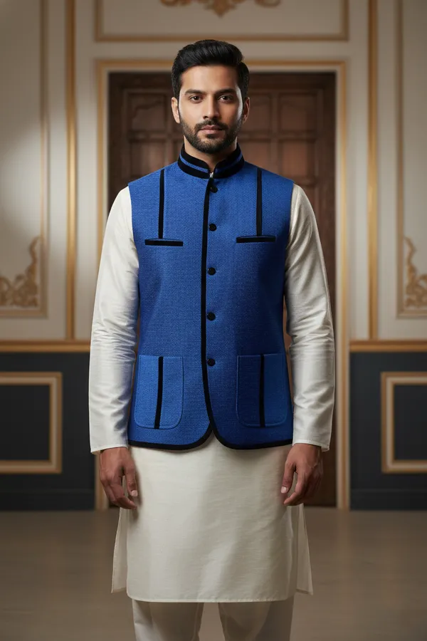 Dark_Blue_And_Black_Premium_Pattern_Poly_Silk_Nehru_Jacket_Kurta_Pajama_Set_For_Men