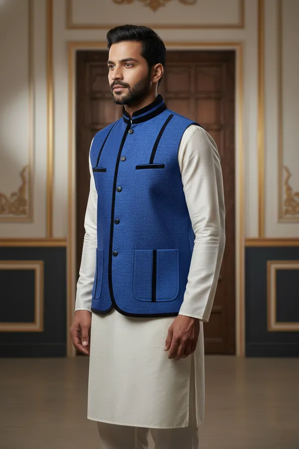 Dark_Blue_And_Black_Premium_Pattern_Poly_Silk_Nehru_Jacket_Kurta_Pajama_Set_For_Men