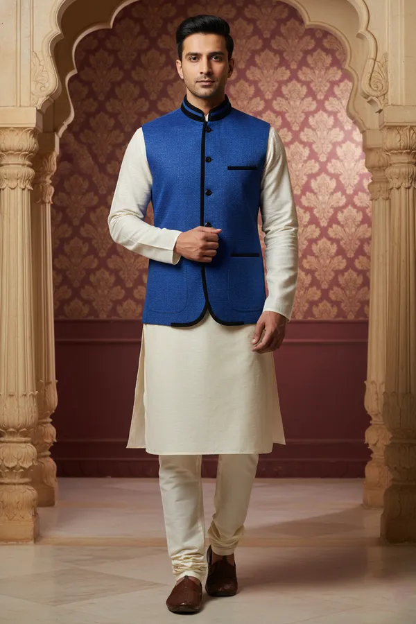 Dark_Blue_And_Black_Premium_Pattern_Poly_Silk_Nehru_Jacket_Kurta_Pajama_Set_For_Men