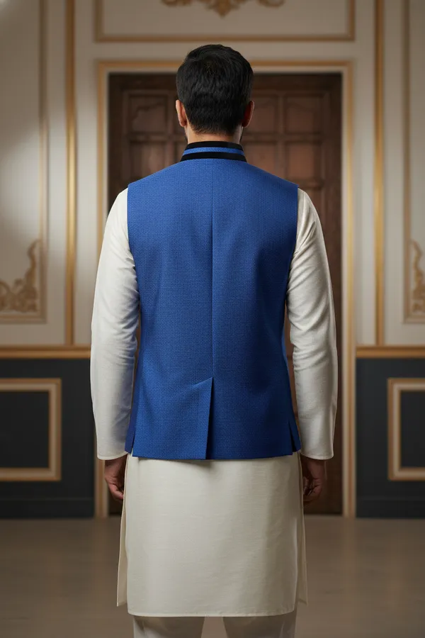 Dark_Blue_And_Black_Premium_Pattern_Poly_Silk_Nehru_Jacket_Kurta_Pajama_Set_For_Men