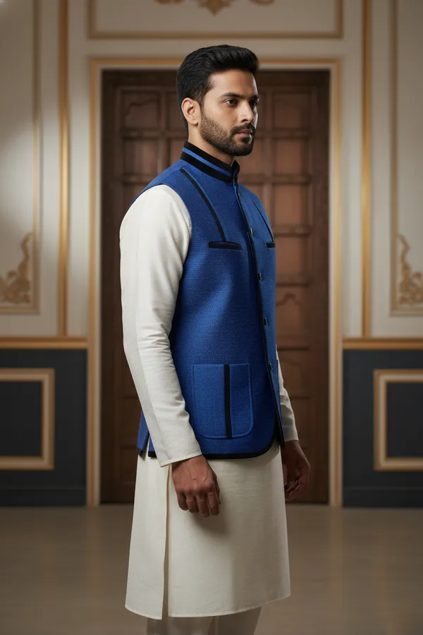 Dark_Blue_And_Black_Premium_Pattern_Poly_Silk_Nehru_Jacket_Kurta_Pajama_Set_For_Men