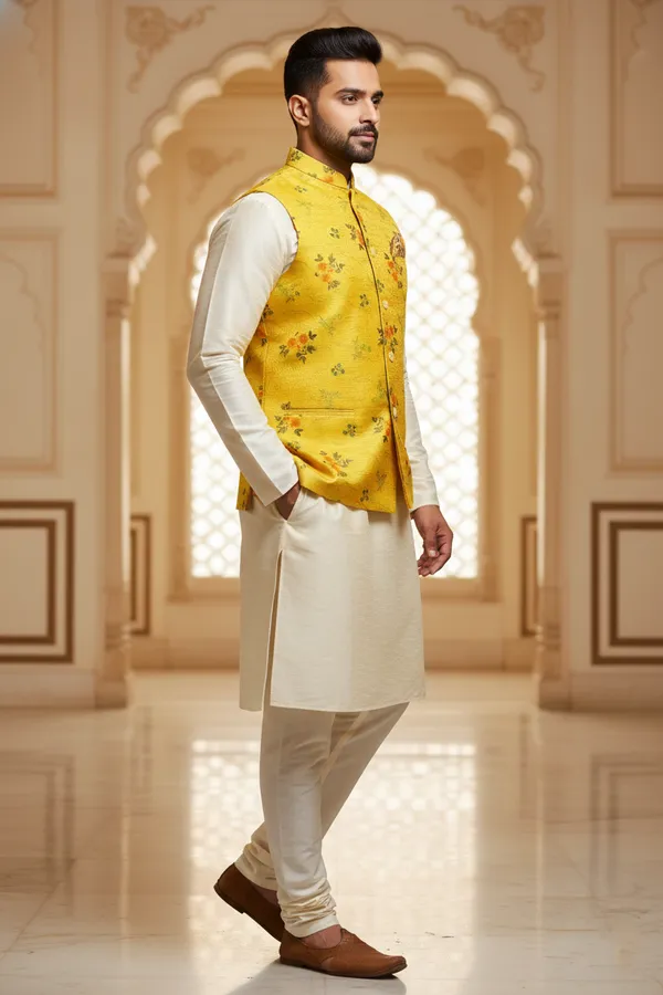 Multicolor_Premium_Pattern_Poly_Silk_Nehru_Jacket_Kurta_Pajama_Set_For_Men