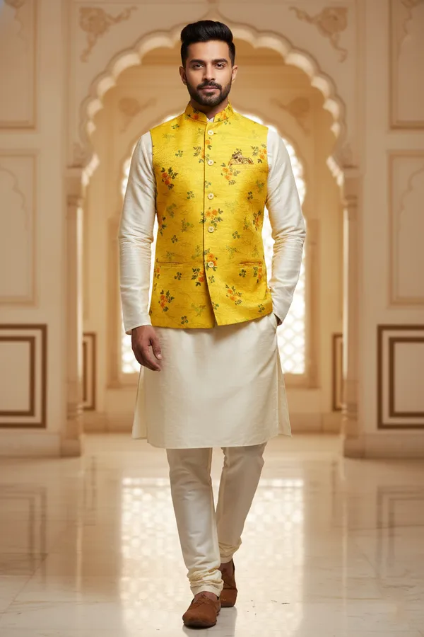 Multicolor_Premium_Pattern_Poly_Silk_Nehru_Jacket_Kurta_Pajama_Set_For_Men