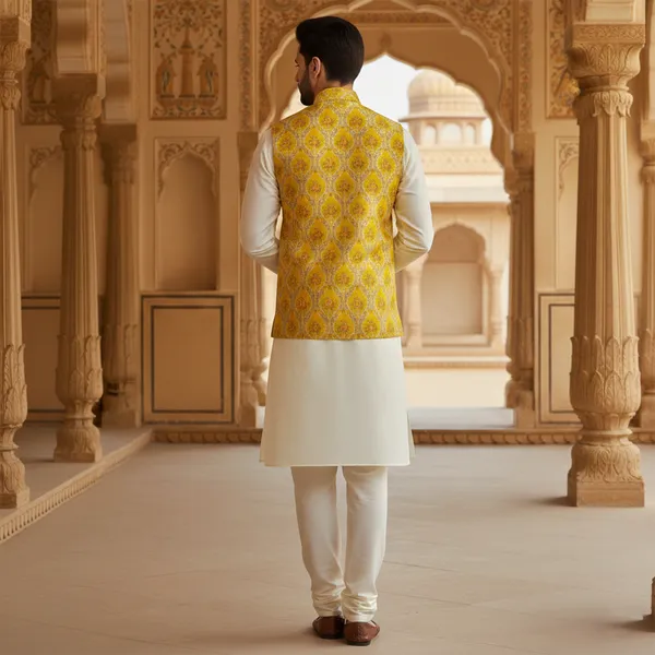 Yellow_Premium_Pattern_Jacquard_Silk_Nehru_Jacket_Kurta_Pajama_Set_For_Men