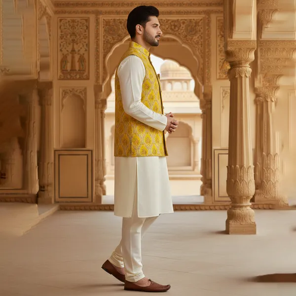 Yellow_Premium_Pattern_Jacquard_Silk_Nehru_Jacket_Kurta_Pajama_Set_For_Men