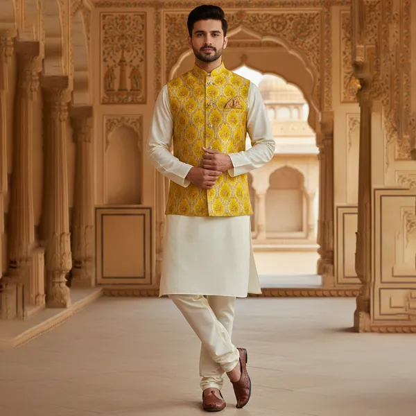 Yellow_Premium_Pattern_Jacquard_Silk_Nehru_Jacket_Kurta_Pajama_Set_For_Men