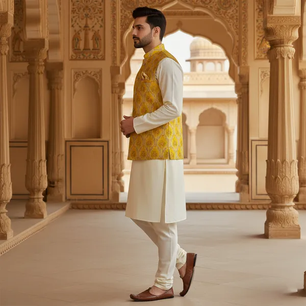 Yellow_Premium_Pattern_Jacquard_Silk_Nehru_Jacket_Kurta_Pajama_Set_For_Men
