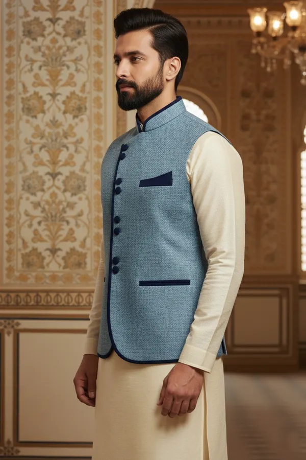 Light_Blue_And_Dark_Blue_Premium_Pattern_Poly_Silk_Nehru_Jacket_Kurta_Pajama_Set_For_Men