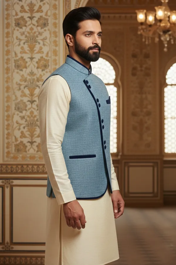 Light_Blue_And_Dark_Blue_Premium_Pattern_Poly_Silk_Nehru_Jacket_Kurta_Pajama_Set_For_Men