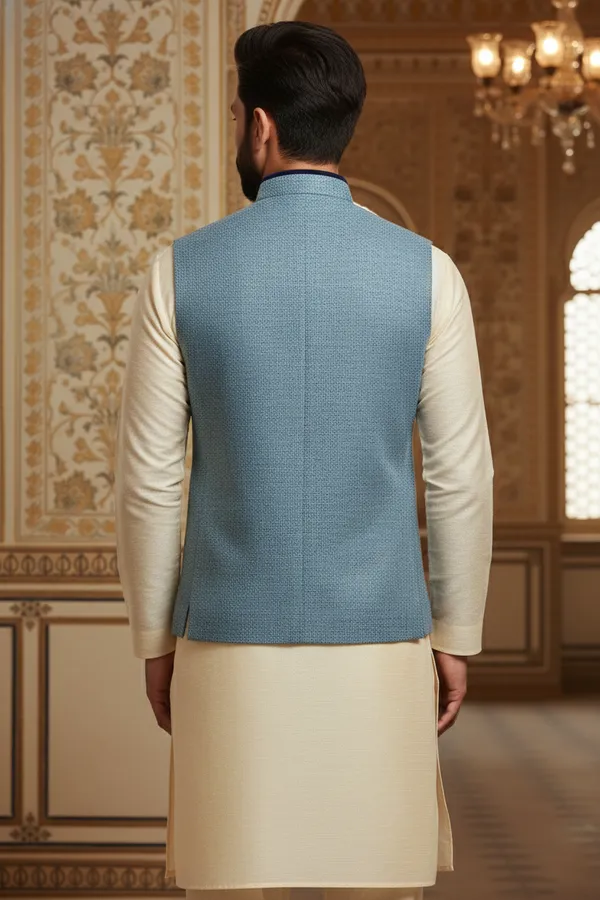 Light_Blue_And_Dark_Blue_Premium_Pattern_Poly_Silk_Nehru_Jacket_Kurta_Pajama_Set_For_Men