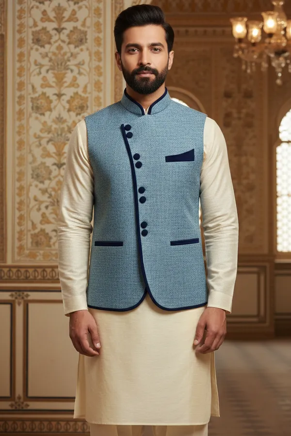 Light_Blue_And_Dark_Blue_Premium_Pattern_Poly_Silk_Nehru_Jacket_Kurta_Pajama_Set_For_Men