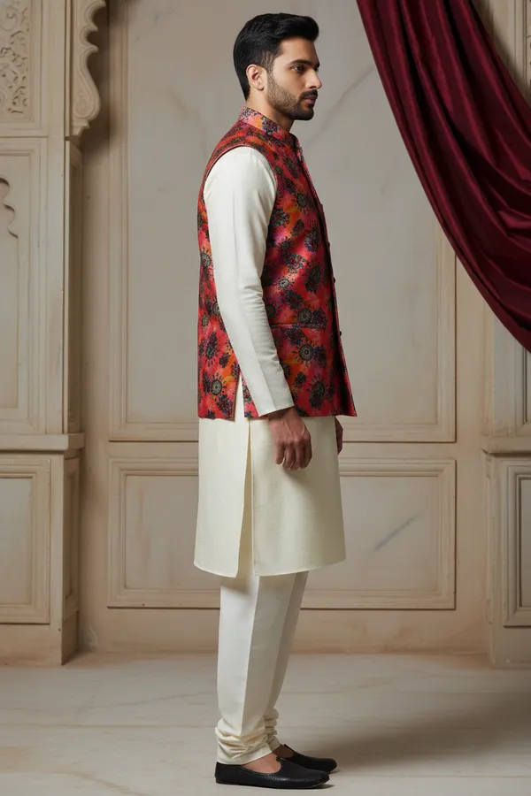 Multicolor_Premium_Pattern_Poly_Silk_Nehru_Jacket_Kurta_Pajama_Set_For_Men