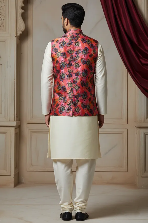 Multicolor_Premium_Pattern_Poly_Silk_Nehru_Jacket_Kurta_Pajama_Set_For_Men