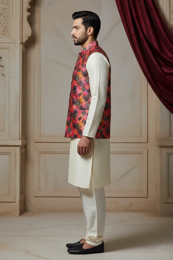 Multicolor_Premium_Pattern_Poly_Silk_Nehru_Jacket_Kurta_Pajama_Set_For_Men