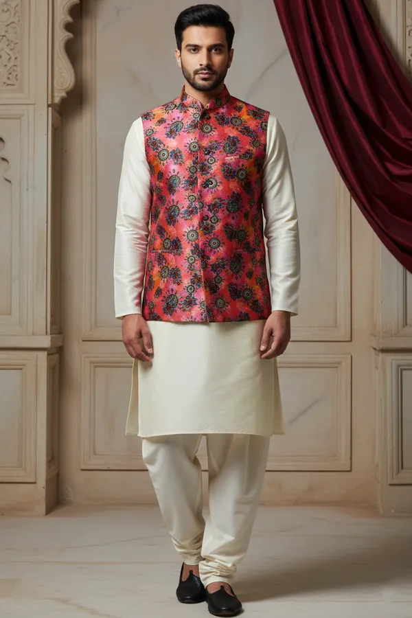 Multicolor_Premium_Pattern_Poly_Silk_Nehru_Jacket_Kurta_Pajama_Set_For_Men