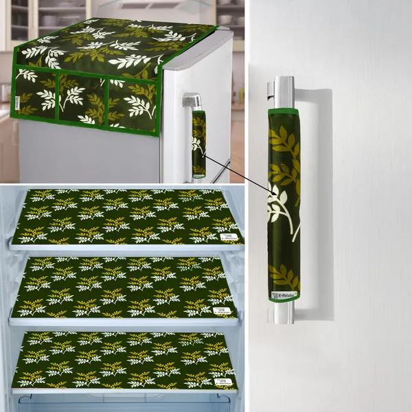 Green_3-Layer_PolyesterFridge_Top_Cover_&_Fridge_Handle_Cover_&_3_Pc._Fridge_Mat_Set_For_Home