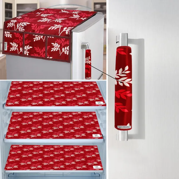 Maroon_3-Layer_PolyesterFridge_Top_Cover_&_Fridge_Handle_Cover_&_3_Pc._Fridge_Mat_Set_For_Home