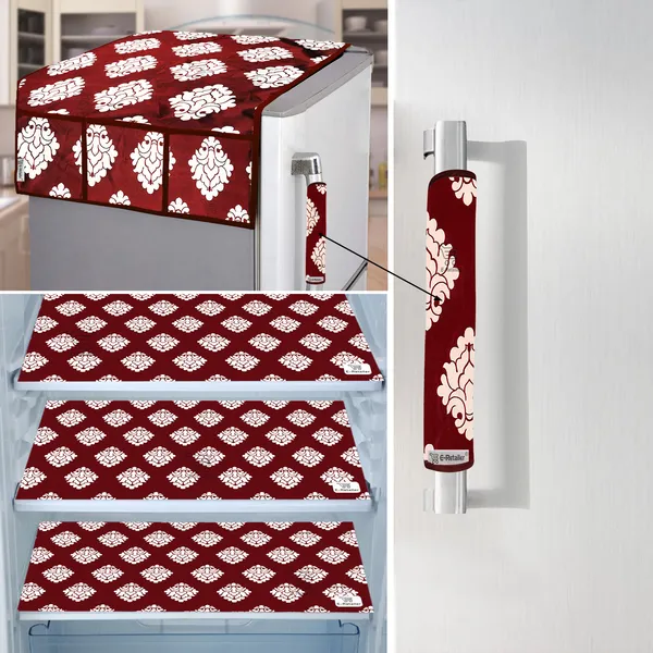 Maroon_3-Layer_PolyesterFridge_Top_Cover_&_Fridge_Handle_Cover_&_3_Pc._Fridge_Mat_Set_For_Home